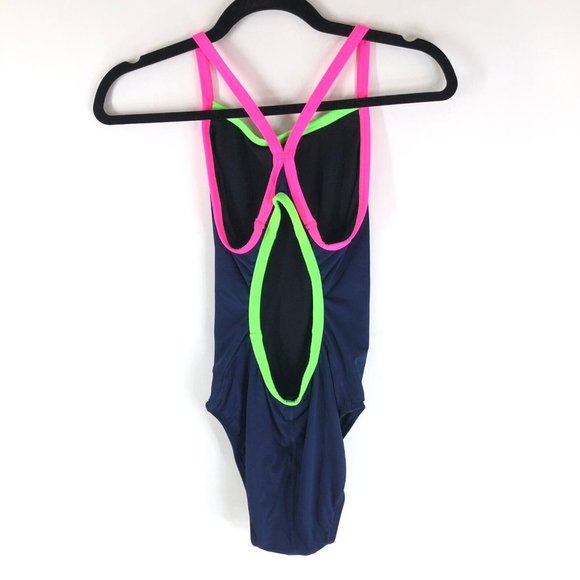 TYR Womens One Piece Swimsuit Diamondback Durafast Neon Pink Green Navy S - Picture 2 of 3